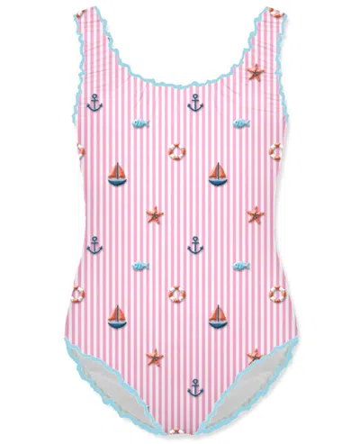 Mc2 Saint Barth Clio One-piece Swimsuit Embroidered Seersucker With Pink Stripes