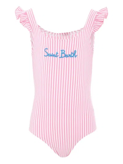 Mc2 Saint Barth Kids' Clio Ruffled Striped Swimsuit In Pink