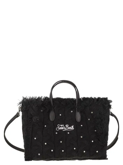 Mc2 Saint Barth Colette - Wool-effect Bag With Logo And Rhinestones In Black