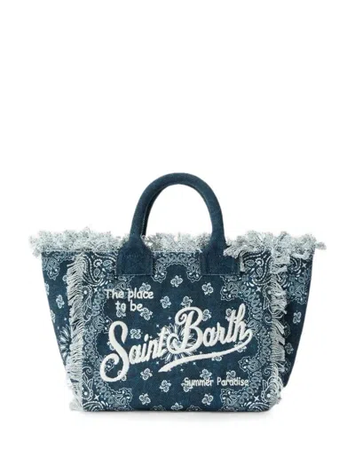 Mc2 Saint Barth Colette Bandana-print Frayed Shoulder Bag In Blue