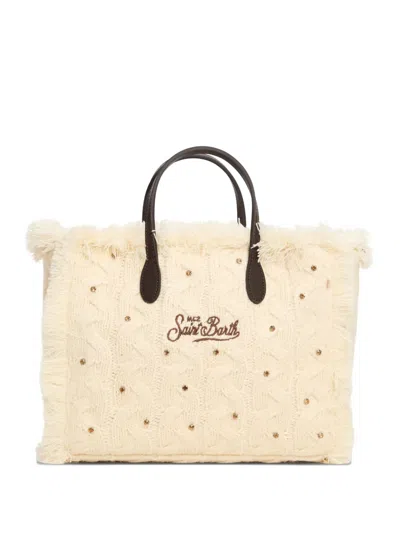 Mc2 Saint Barth Colette Cable-knit Fringed Tote Bag In White
