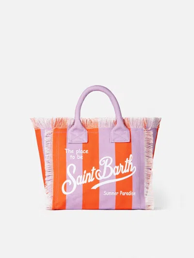 Mc2 Saint Barth Colette Cotton Canvas Handbag With Lilac And Red Stripes In Orange
