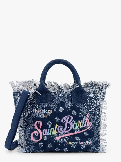Mc2 Saint Barth Colette Cotton Handbag With Logo Multicolor Embroidery In Blue