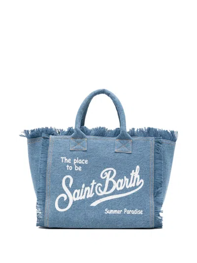 Mc2 Saint Barth Kids' Colette Frayed Logo-print Tote Bag In Blue