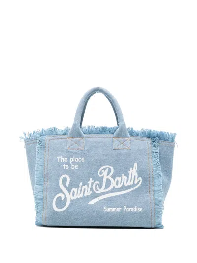 Mc2 Saint Barth Kids' Colette Frayed Logo-print Tote Bag In Blue