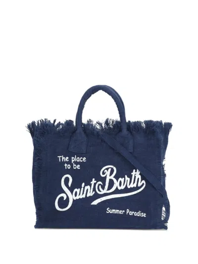 Mc2 Saint Barth Colette Frayed-edge Logo-print Tote Bag In Blue