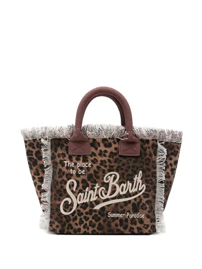 Mc2 Saint Barth Colette Leopard Canvas Tote Bag With Fringes In Purple