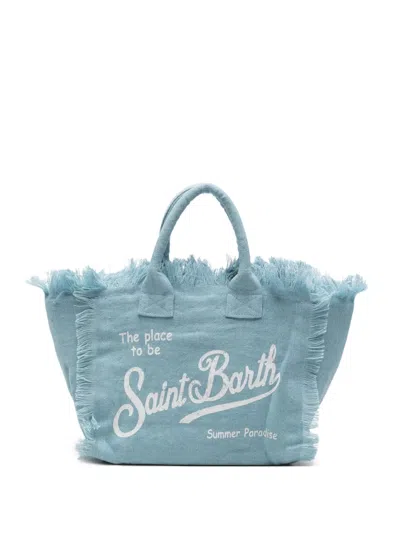 Mc2 Saint Barth Colette Linen Fringed Logo-print Tote Bag In Blue