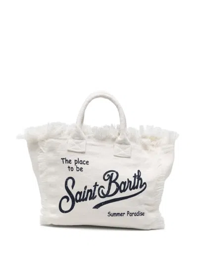 Mc2 Saint Barth Colette Linen Fringed Logo-print Tote Bag In White