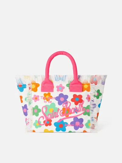 Mc2 Saint Barth Colette Multicolor Cotton Canvas Handbag With Flowers Print In White