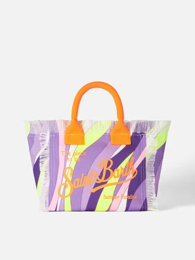 Mc2 Saint Barth Colette Multicolor Cotton Canvas Handbag With Wave Print In Pink