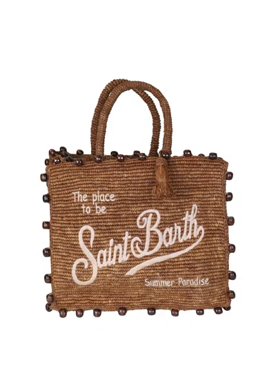 Mc2 Saint Barth Colette Raffia Brown Bag With Beads And Logo Embroidery