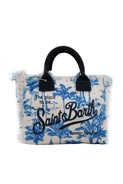 Mc2 Saint Barth Colette Saint Beach Cotton Canvas Shopper In Bianco/blu