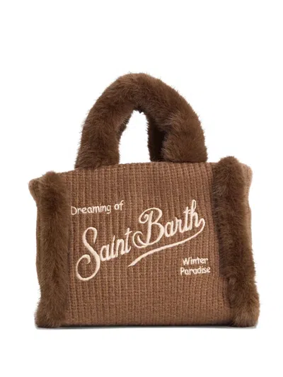 Mc2 Saint Barth Colette Shearling-trim Knitted Tote Bag In Brown