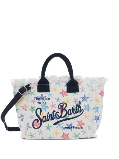 Mc2 Saint Barth Colette Starfish-print Frayed Tote Bag In White