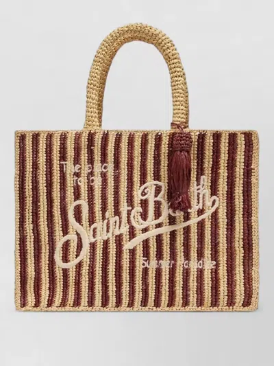 Mc2 Saint Barth Colette Striped Raffia Handbag Logo Embroidery In Brown