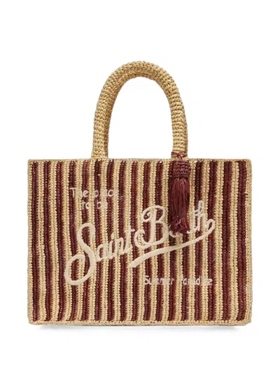 Mc2 Saint Barth Colette Raffia Brown Striped Handbag With Logo Embroidery