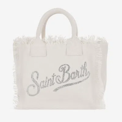 Mc2 Saint Barth Colette Tote Bag With Rhinestone Logo In White