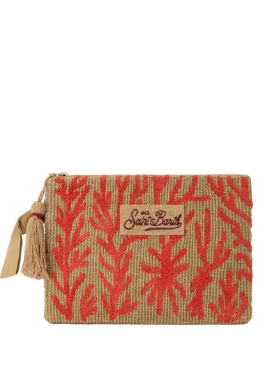 Mc2 Saint Barth Coral-embroidered Jute Clutch Bag In Neutral