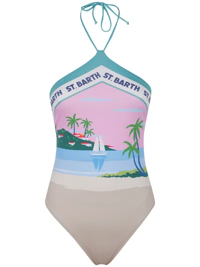 Mc2 Saint Barth Costume Intero Stampa "postcard" In Pink