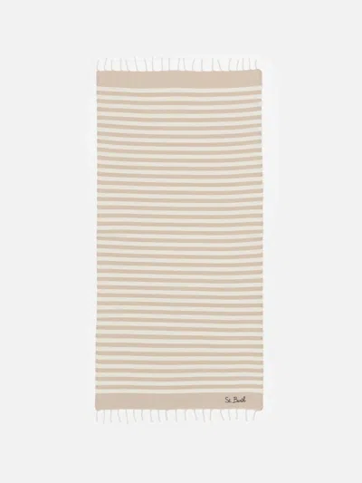 Mc2 Saint Barth Cotton Beach Towel Fouta With Beige Striped Print In White