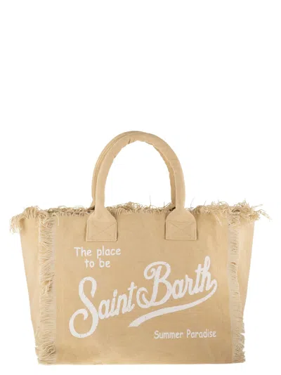 Mc2 Saint Barth Cotton Canvas Beach Tote Bag With Printed Logo In Neutral