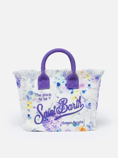 Mc2 Saint Barth Cotton Canvas Colette Handbag With Watercolor Flower Print In Purple