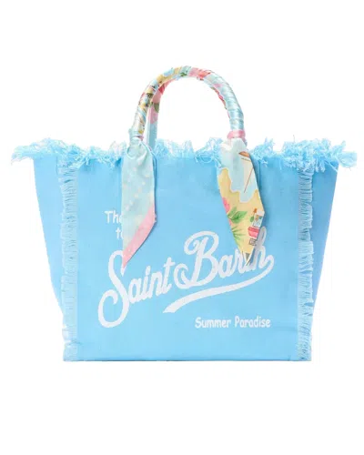 Mc2 Saint Barth Cotton Canvas Tote Bag With Fringed Edges And Logo In Blue