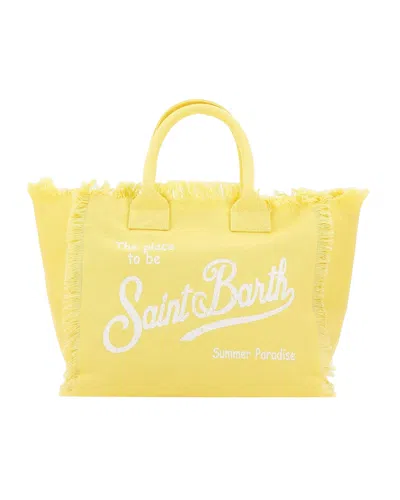 Mc2 Saint Barth Cotton Canvas Tote Bag With Fringed Edges And Logo In Yellow