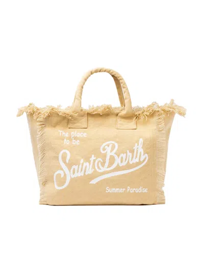 Mc2 Saint Barth Cotton Canvas Tote Bag With Fringed Edges And Printed Logo In Brown