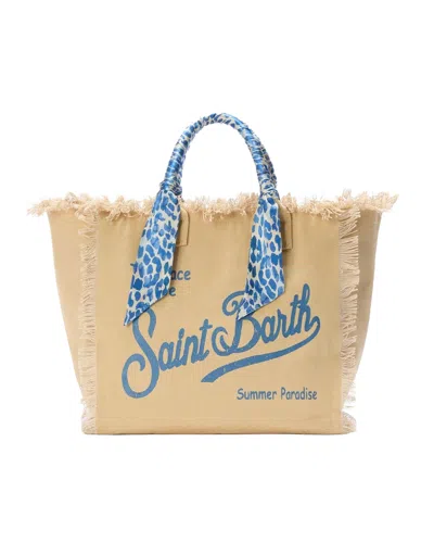 Mc2 Saint Barth Cotton Canvas Tote Bag With Fringed Edges And Scarf Detail In Beige