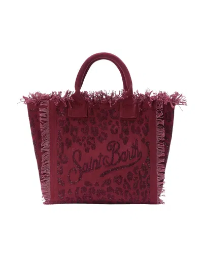 Mc2 Saint Barth Cotton Canvas Tote Bag With Leopard Print And Fringed Edges In Red