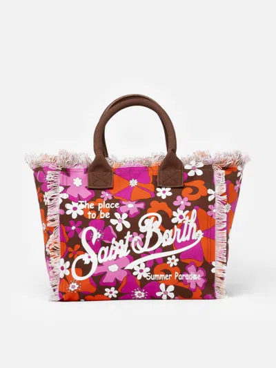 Mc2 Saint Barth Cotton Canvas Tote Bag With Retro Flower Print In Brown
