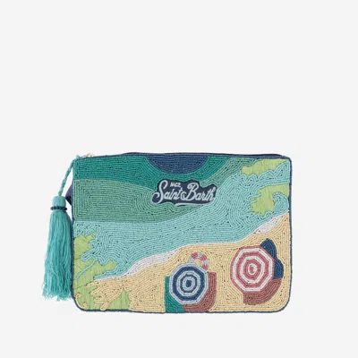 Mc2 Saint Barth Cotton Clutch With Beaded Beach Motif In Black