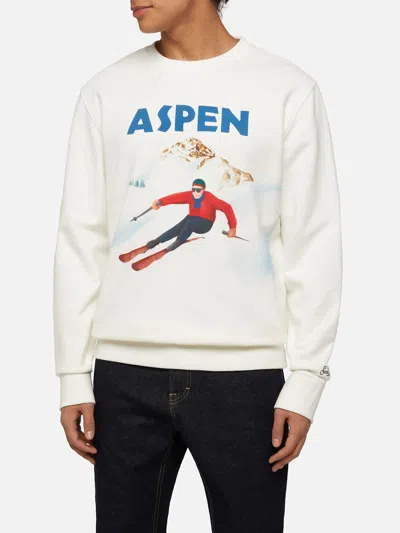 Mc2 Saint Barth Cotton Fleece Sweatshirt Soho With Aspen Postcard Print In White