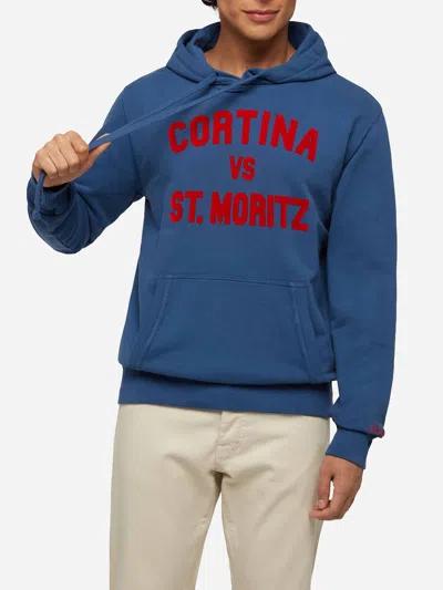 Mc2 Saint Barth Cotton Fleece Sweatshirt Tribeca With Cortina Vs St. Moritz Print In Blue