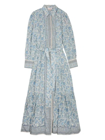 Mc2 Saint Barth Maxi Cotton Dress With Floral Pattern In Blue