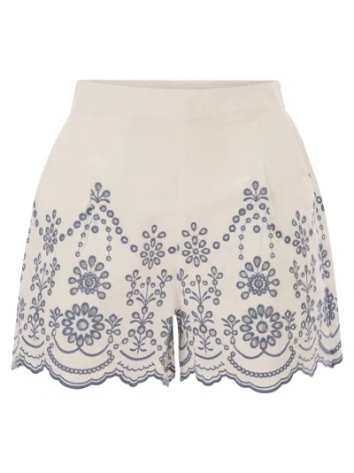 Mc2 Saint Barth Cotton Shorts With Contrasting Broderie Anglaise Embroidery In White