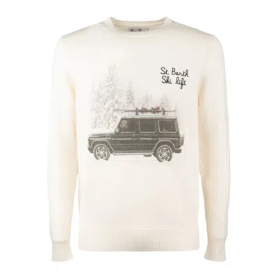 Mc2 Saint Barth Crew-neck Sweater With Print And Embroidery St. Barth Ski Lift In White