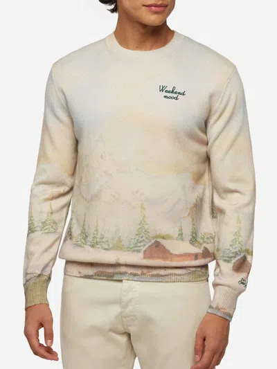 MC2 SAINT BARTH CREWNECK SWEATER HERON WITH LANDSCAPE PRINT AND WEEKEND MOOD EMBROIDERY