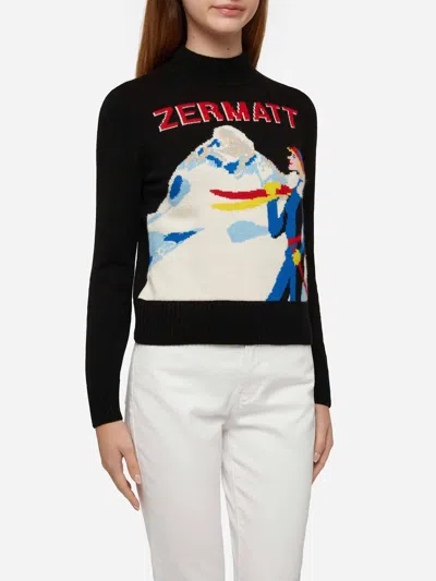 Mc2 Saint Barth Crewneck Sweater New Queen With Zermatt Postcard Jacquard In Black