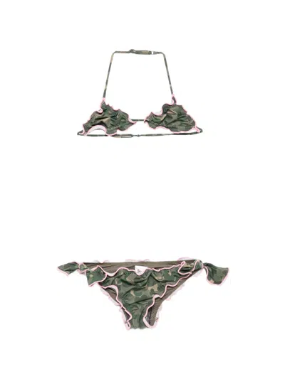 Mc2 Saint Barth Kids' Cris Camo-print Ruffled Bikini In Green