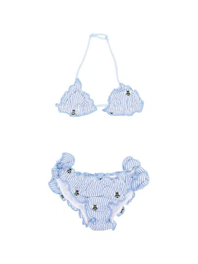 Mc2 Saint Barth Bee-embroidered Cotton Bikini In Blue