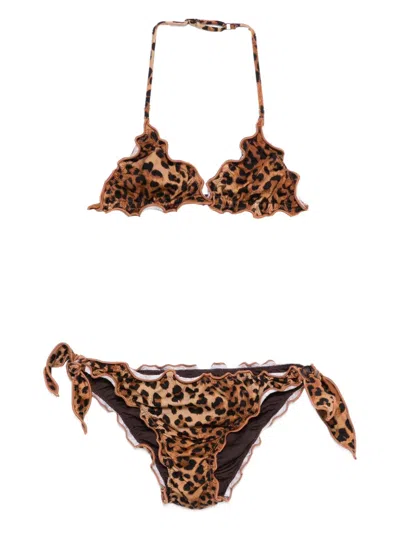 Mc2 Saint Barth Kids' Cris Ruffled Leopard-print Bikini Set In Brown