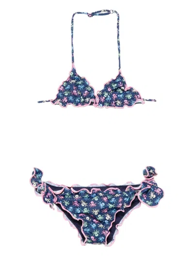 Mc2 Saint Barth Kids' Cris Ruffled Printed Bikini In Blue