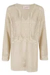 Mc2 Saint Barth Crochet Knitted Kaftan With V-neckline In Neutral