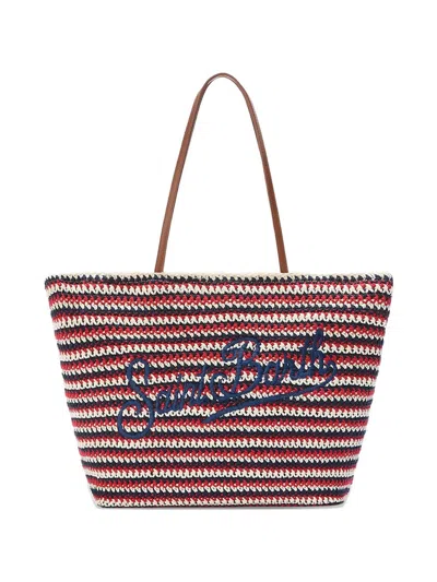 Mc2 Saint Barth Crochet Large Striped Tote Bag With Embroidered Logo In Multi