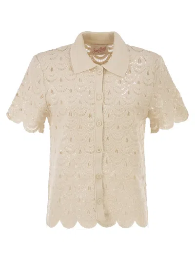 Mc2 Saint Barth Crochet Polo Cardigan With Sequins In Neutral