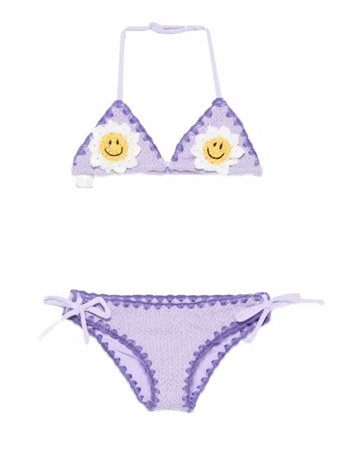 Mc2 Saint Barth Kids' Crochet-knit Floral-patch Bikini In Purple
