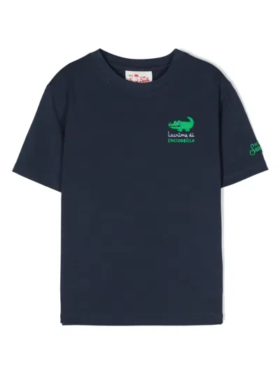 Mc2 Saint Barth Kids' Crocodile-embroidered Cotton T-shirt In Blue